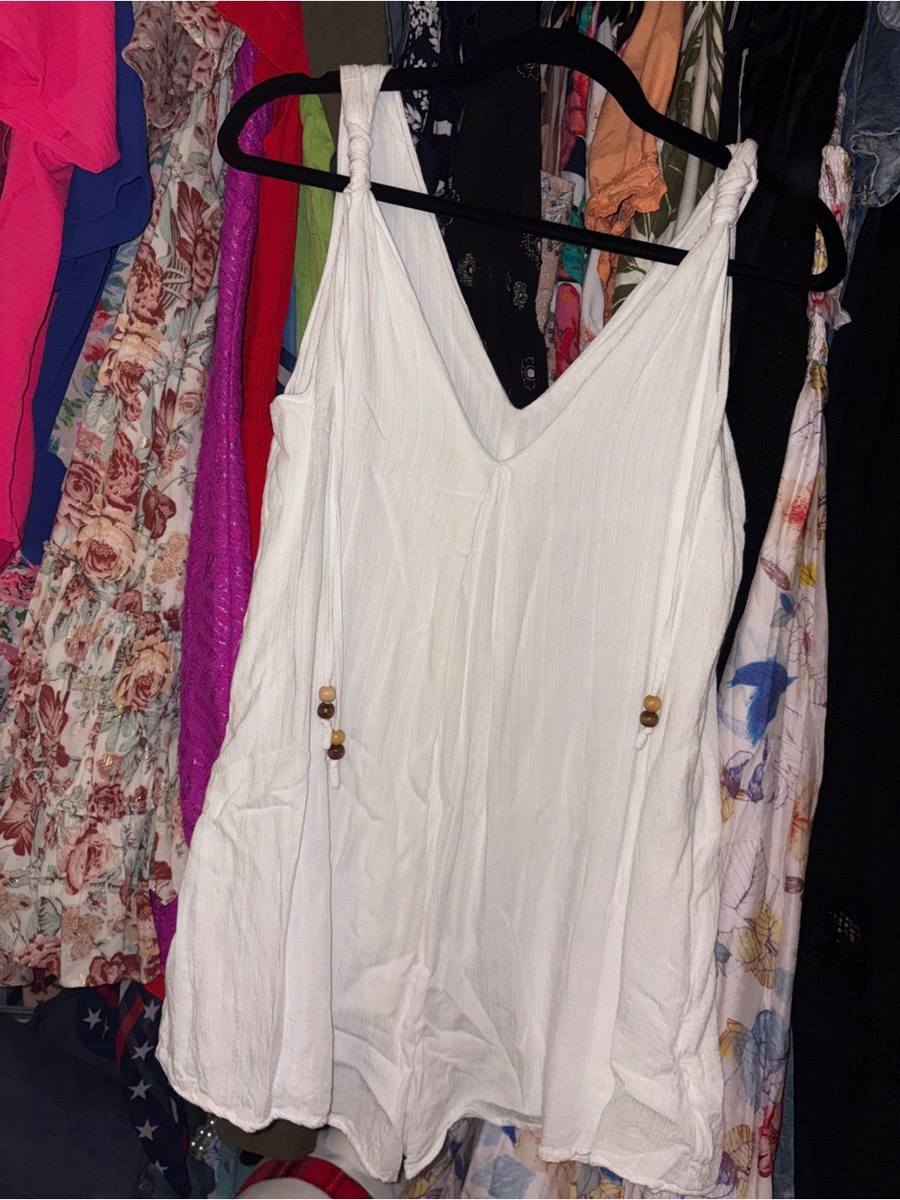 Mustard Seed White V-Neck Knotted-Shoulder Romper with Bead Detail